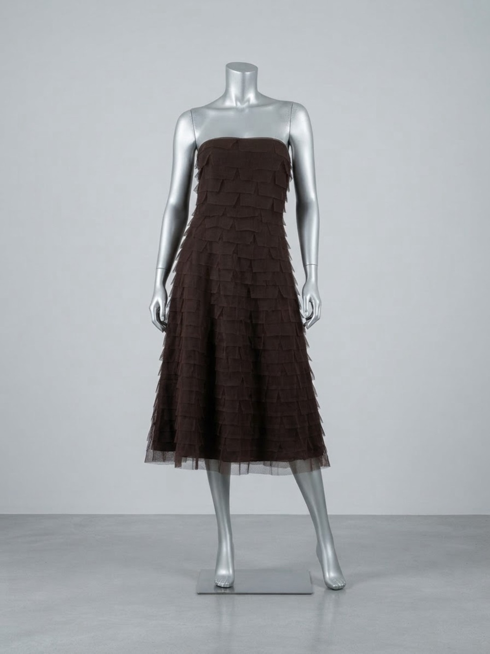 BCBGMAXAZRIA Brown Strapless Tiered Tulle Ruffle Midi Dress Y2K Fairycore